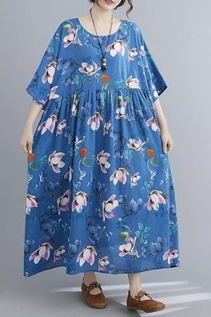 Homgee Vintage Women Cotton Linen Dress Floral Print O Neck Half Sleeve Pocket High Waist Loose Casual Maxi Dress