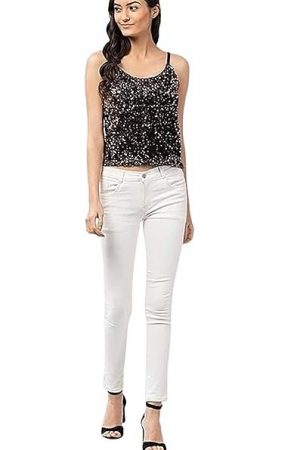 Akssports Sequin Round Neck Sleeveless Stretchable Slim Fit Tank Top for Women JK4-4 (XL_Silver)