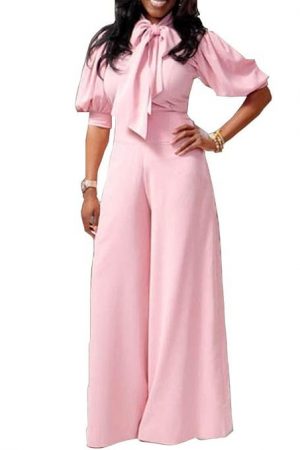 VERWIN Plain Dressy Full Length Bowknot Women's Jumpsuit High Waist Woman Romper