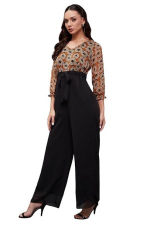 Miss Chase Women's V-Neck Bishop Floral Wide Leg Georgette Regular Jumpsuit with Pockets