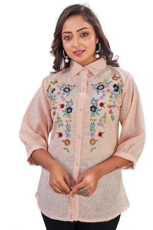 KESUDI Women's Floral Embroidered Button-Down Shirt | Linen 3/4 Sleeve Collared Top Shirt | Stand Collared Casual Wear Top Shirt