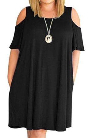 HBEYYTO Women Plus Size Dresses Cold Shoulder Short Sleeve Casual Loose T-Shirt Swing Dress with Pockets