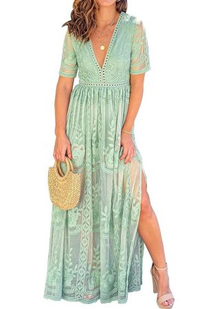 MERMAID'S CLOSET Women's Casual Off Shoulder Lace Maxi Dress Boho White Bridesmaid Wedding Evening Party Dresses