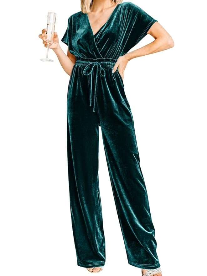 YMDUCH Women's Casual Short Sleeve Belted Long Wide Leg Pant One Piece Jumpsuit
