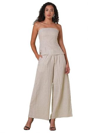 Globus Women Color Smocked Off Shoulder Top with Wide Leg Trousers Co-Ord Set