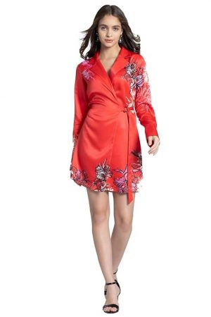 SHAYE Notch Collar Red Floral Print Long Sleeves Party Wrap Dress for Women