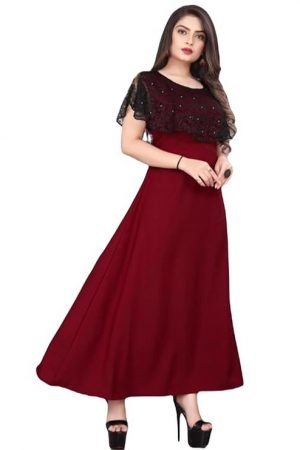 SWIBONA Women's Solid Crepe Round Neck Flare Sleeve Ethinic Wear Long Gown Dress (G_C_31237)