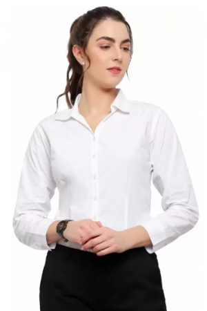 Women Regular Fit Solid Cut Away Collar Casual Shirt