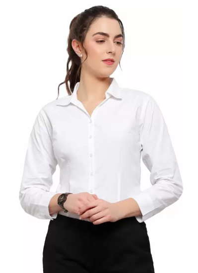 Women Regular Fit Solid Cut Away Collar Casual Shirt