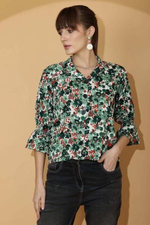 Women Regular Fit Printed Lapel Collar Casual Shirt