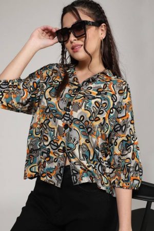 Women Boxy, Regular Fit Printed Lapel Collar Casual Shirt