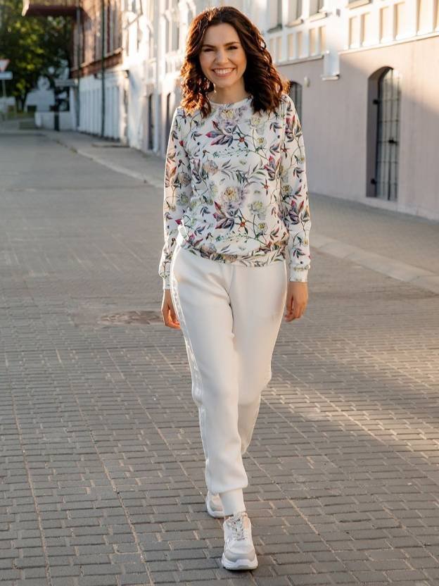 Women Printed Round Neck Wool Blend White, Green T-Shirt