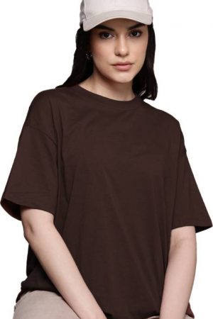 Women Solid Round Neck Cotton Blend Brown T-Shirt