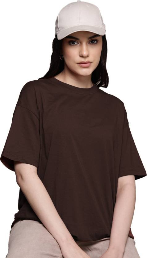Women Solid Round Neck Cotton Blend Brown T-Shirt