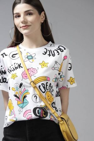 Oversize Women Printed Round Neck Pure Cotton White T-Shirt