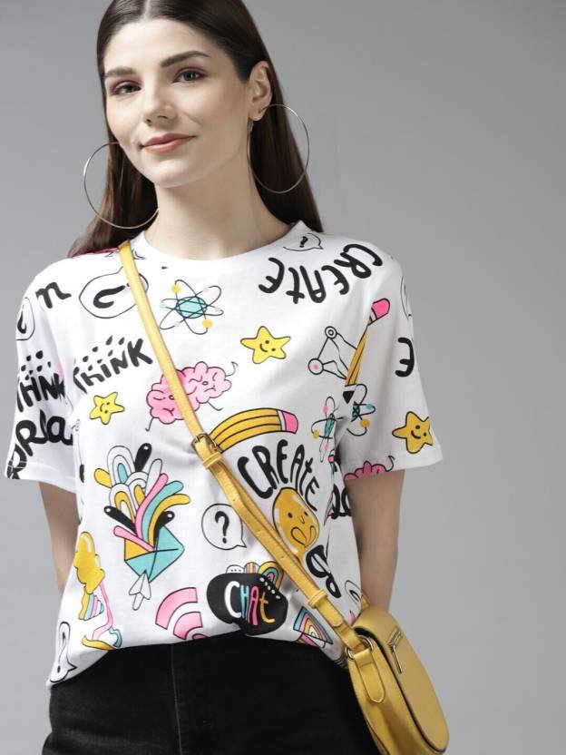Oversize Women Printed Round Neck Pure Cotton White T-Shirt