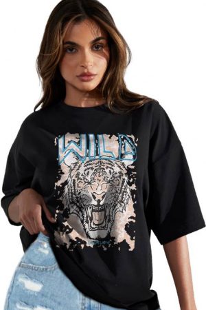 Women Printed, Typography Round Neck Cotton Blend Black T-Shirt