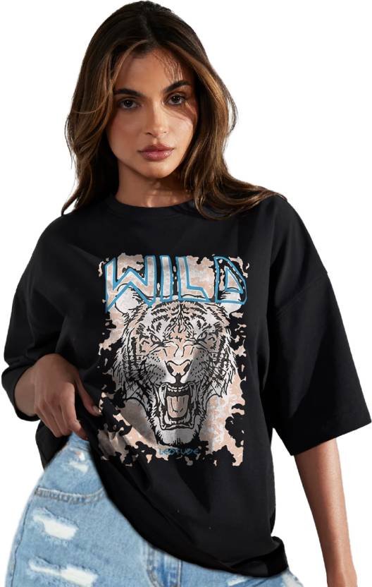 Women Printed, Typography Round Neck Cotton Blend Black T-Shirt