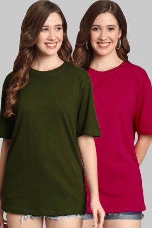 Pack of 2 Women Solid Round Neck Cotton Blend Green, Pink T-Shirt