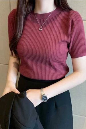 Women Self Design Round Neck Linen Blend Maroon T-Shirt