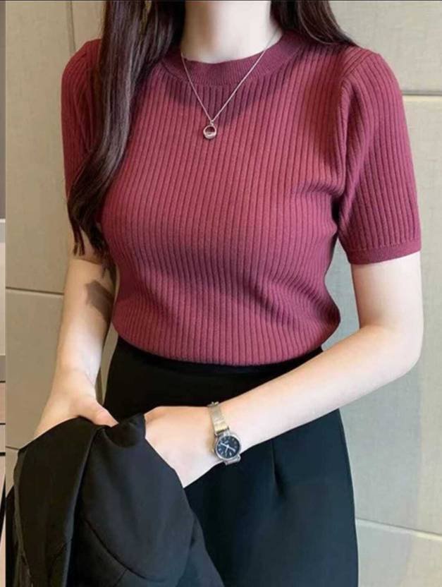 Women Self Design Round Neck Linen Blend Maroon T-Shirt