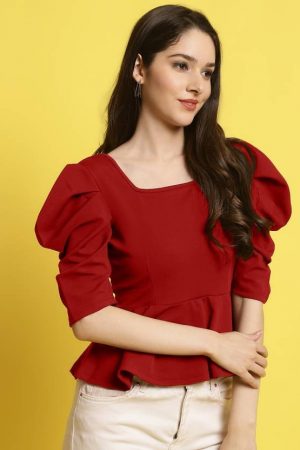 Casual Regular Sleeves Self Design Women Red Top