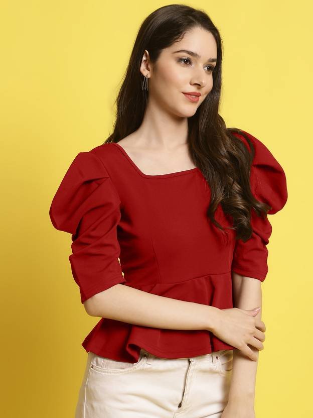 Casual Regular Sleeves Self Design Women Red Top