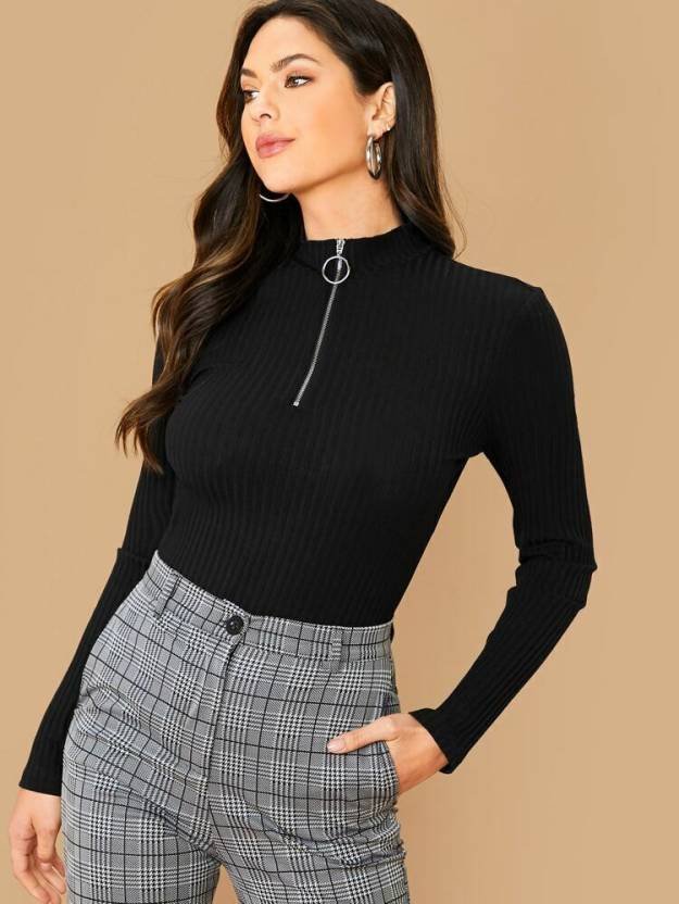 Casual Regular Sleeves Solid Women Black Top