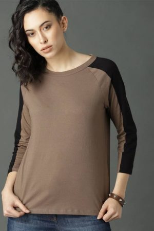 Women Colorblock Round Neck Cotton Blend Brown T-Shirt