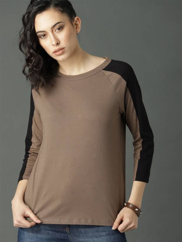 Women Colorblock Round Neck Cotton Blend Brown T-Shirt