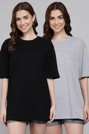 Pack of 2 Women Solid Round Neck Cotton Blend Black, Grey T-Shirt