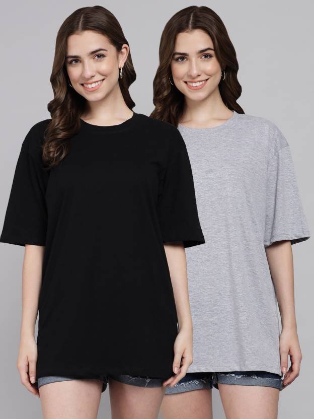 Pack of 2 Women Solid Round Neck Cotton Blend Black, Grey T-Shirt