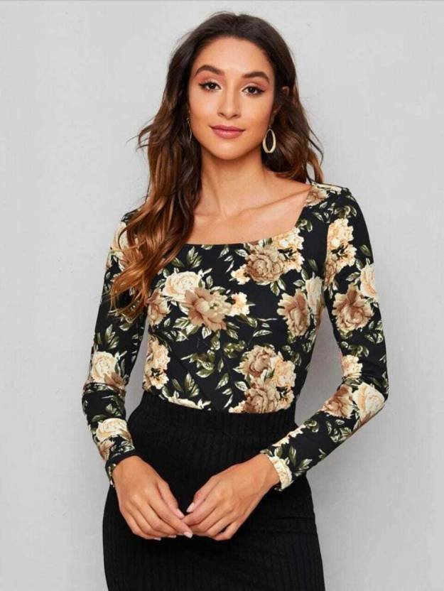 Casual Regular Sleeves Printed Women Black Top