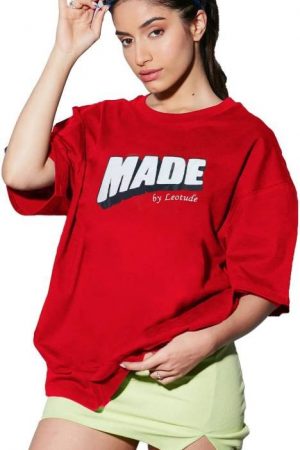 Women Printed Round Neck Cotton Blend Red T-Shirt