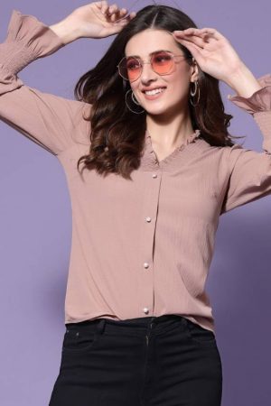 Casual Bell Sleeves Solid Women Pink Top