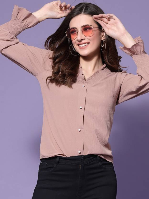 Casual Bell Sleeves Solid Women Pink Top