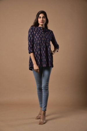 Casual Regular Sleeves Printed Women Dark Blue Top