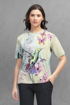 Women Printed Round Neck Cotton Blend Beige T-Shirt