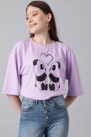 Women Printed, Typography Round Neck Cotton Blend Purple T-Shirt