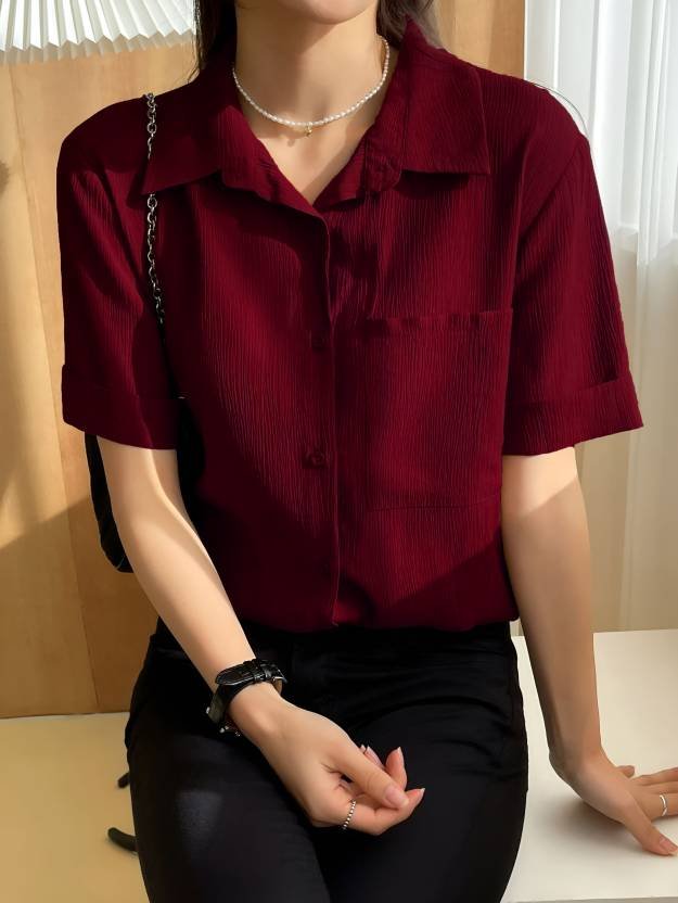 Women Regular Fit Striped Cut Away Collar Casual Shirt