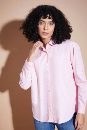 Women Oversized Fit Solid Button Down Collar Casual Shirt