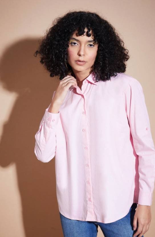 Women Oversized Fit Solid Button Down Collar Casual Shirt