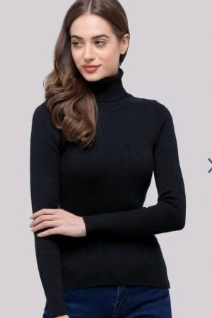 Women Self Design High Neck Cotton Blend Black T-Shirt