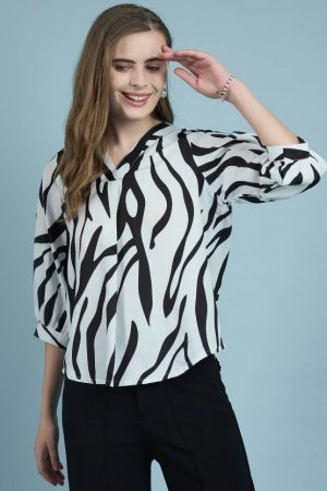 Casual Puff Sleeves Animal Print Women White, Black Top
