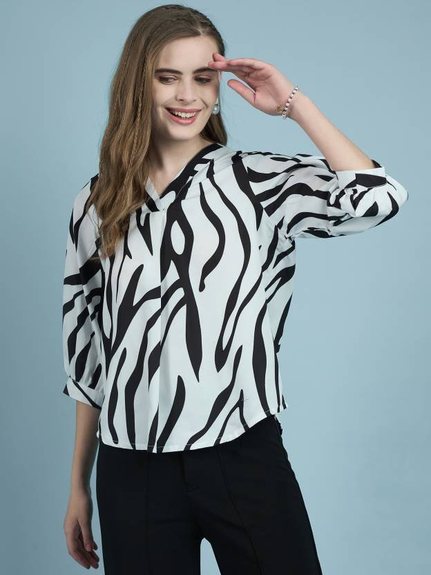 Casual Puff Sleeves Animal Print Women White, Black Top