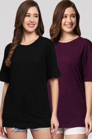 Pack of 2 Women Solid Round Neck Cotton Blend Black, Purple T-Shirt