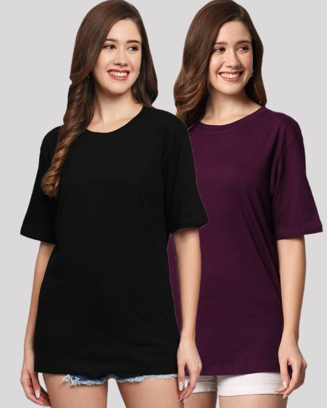 Pack of 2 Women Solid Round Neck Cotton Blend Black, Purple T-Shirt